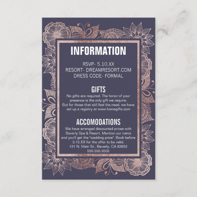 Rose Gold Floral und Navy Blue Hochzeitsinformatio Begleitkarte (Vorderseite)