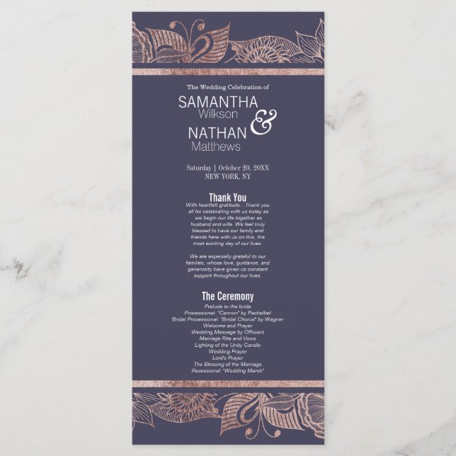Rose Gold Floral und Navy Blue Hochzeitsprogramme Programm (Vorderseite)