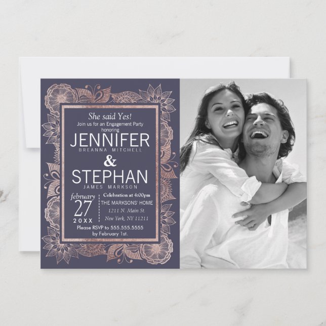 Rose Gold Floral und Navy Blue Verlobung Einladung (Vorderseite)