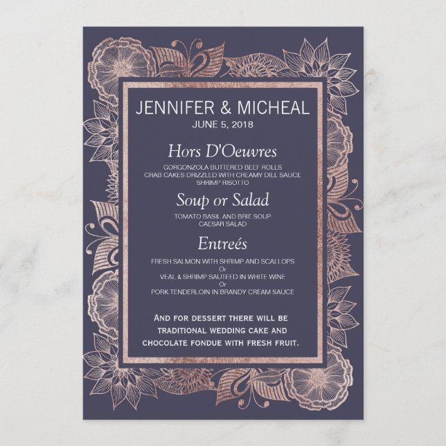 Rose Gold Floral und Navy Blue Wedding Menü Menükarte (Vorderseite)