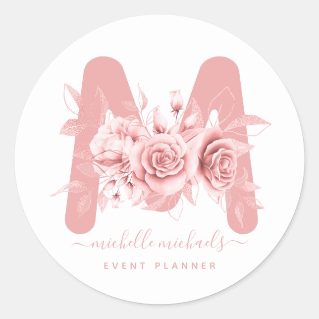 Rose Gold Floral Water Monogram Runder Aufkleber (Vorderseite)