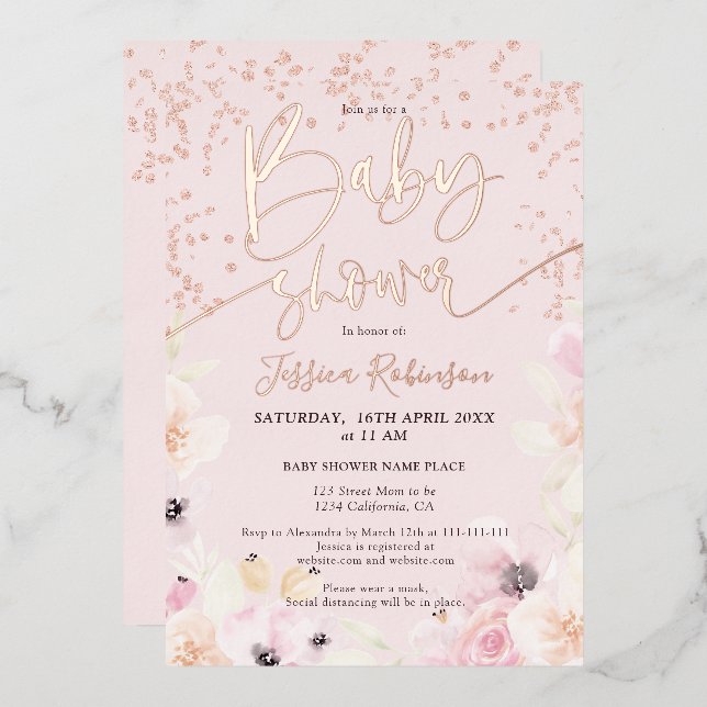 Rose Gold floral watercolor pink baby shower Folieneinladung (Vorderseite/Rückseite)