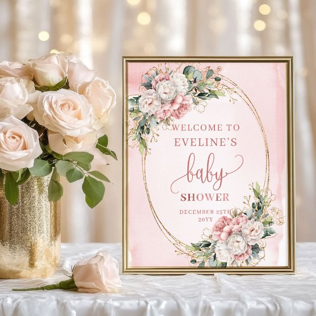 Rose Gold Floral Welcome Baby Shower Tabletop Sign Poster (Rose Gold Floral Welcome Baby Shower Tabletop Sign)