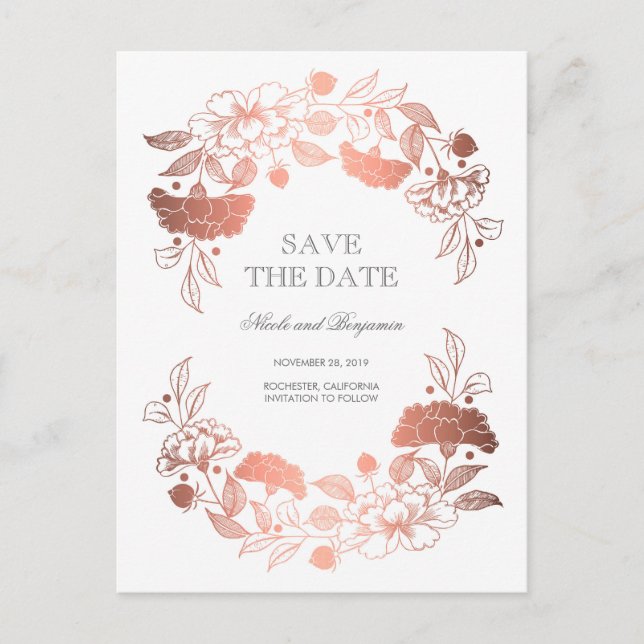 Rose Gold Floral Wreath | Peonies Save the Date Ankündigungspostkarte (Vorderseite)