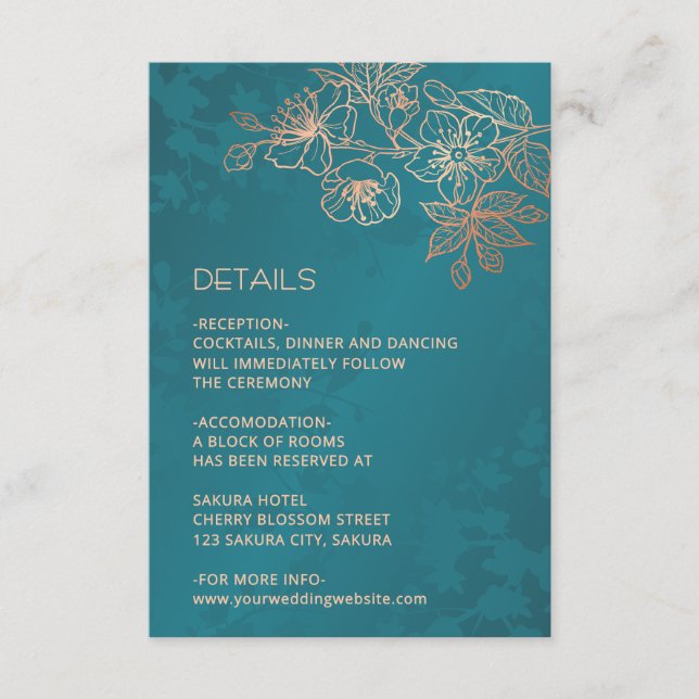 Rose Gold Florale Linienkunst Teal Hochzeit Begleitkarte (Vorderseite)