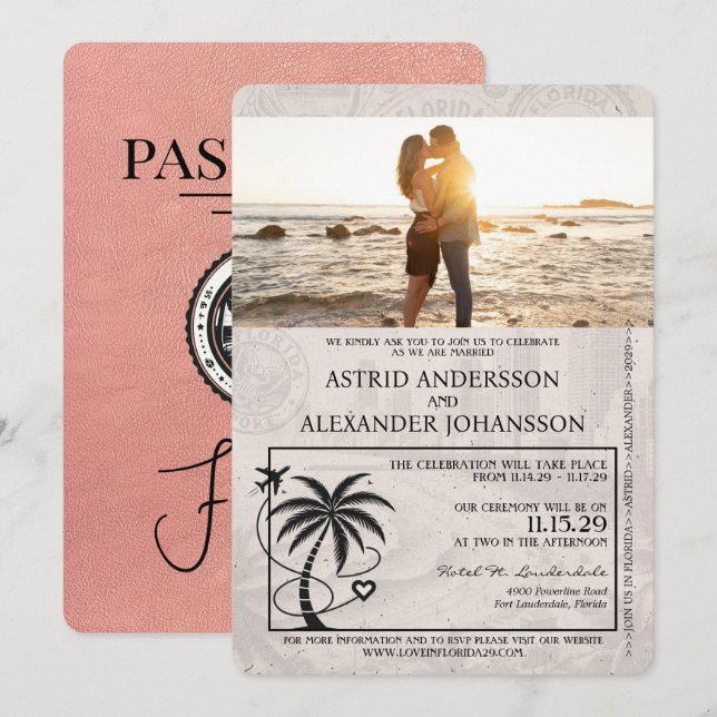 Rose Gold Florida Passport Hochzeit Einladung (Vorne/Hinten)