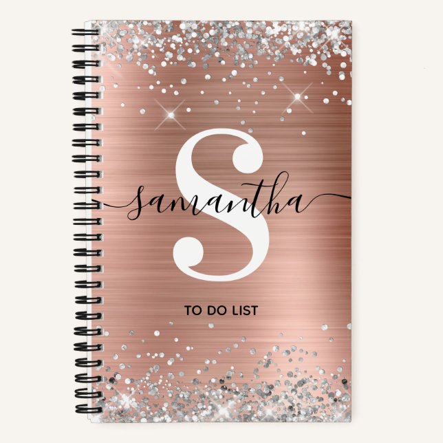 Rose Gold Fohlen Silver Glitzer Monogramm zu tun L Notizbuch (Vorderseite)