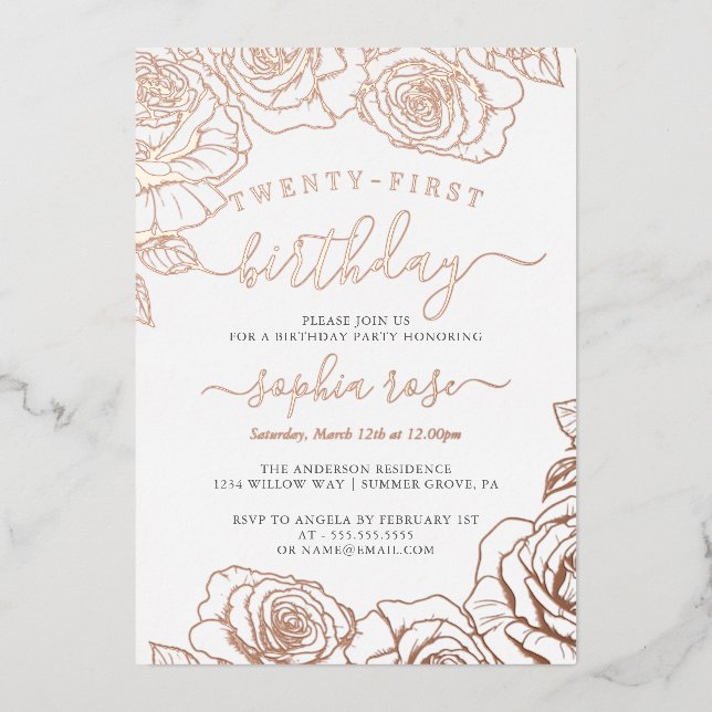 Rose Gold Foil 21. Geburtstag Folieneinladung (Vorderseite)