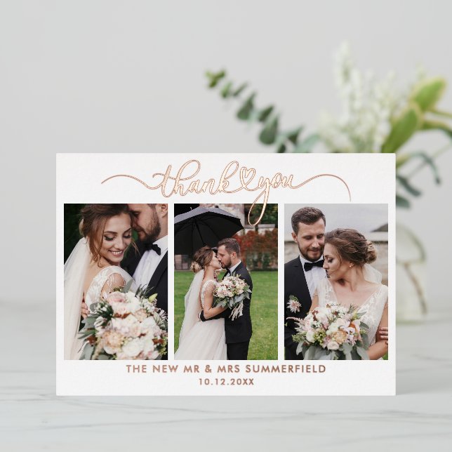 Rose Gold Foil 3 Fotos Hochzeit Dankeschön Karte (Stehend vorne)