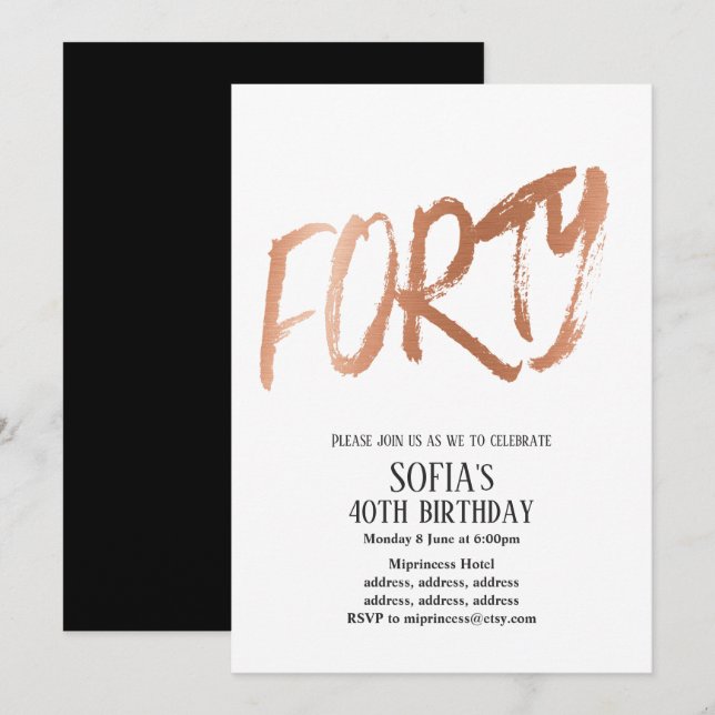 Rose Gold Foil , 40. Party Einladung (Vorne/Hinten)