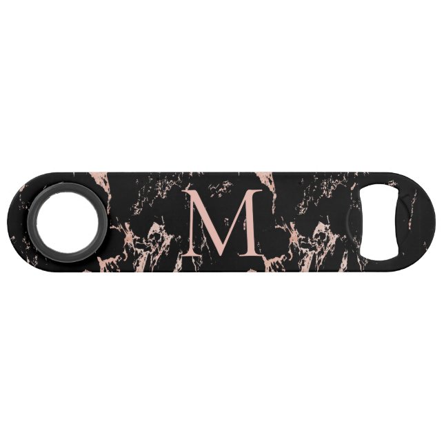Rose Gold Foil Black Marble Monogramm Speed Flaschenöffner (Vorderseite (Horizontal))