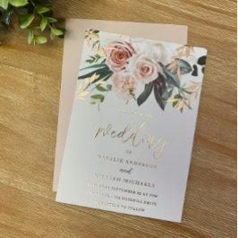 Rose Gold Foil & Blush Blume Hochzeit Folieneinladung