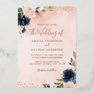 ROSE GOLD FOIL Blush Navy Floral Wedding Folieneinladung