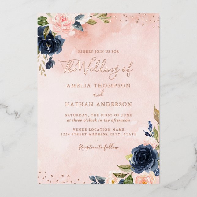 ROSE GOLD FOIL Blush Navy Floral Wedding Folieneinladung (Vorderseite)