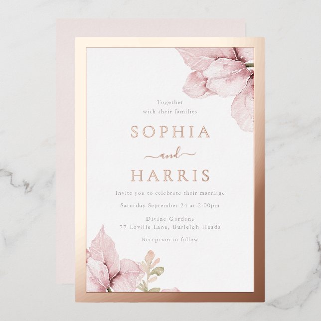 Rose Gold Foil Border Blush Bloral Wedding Folieneinladung (Vorderseite/Rückseite)