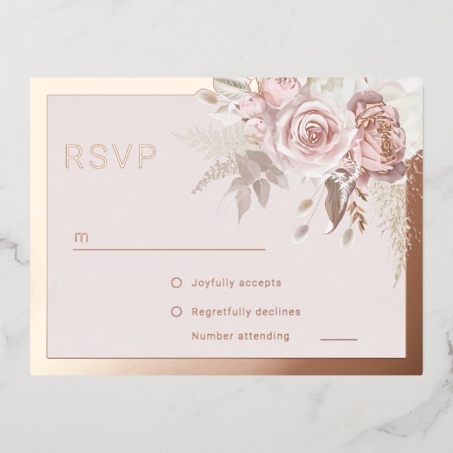 Rose Gold Foil Border Blush Bloral Wedding RSVP Folie Einladungspostkarte (Vorderseite)