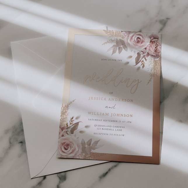 Rose Gold Foil Border Blush Dusty Rose Hochzeit Folieneinladung (Von Creator hochgeladen)
