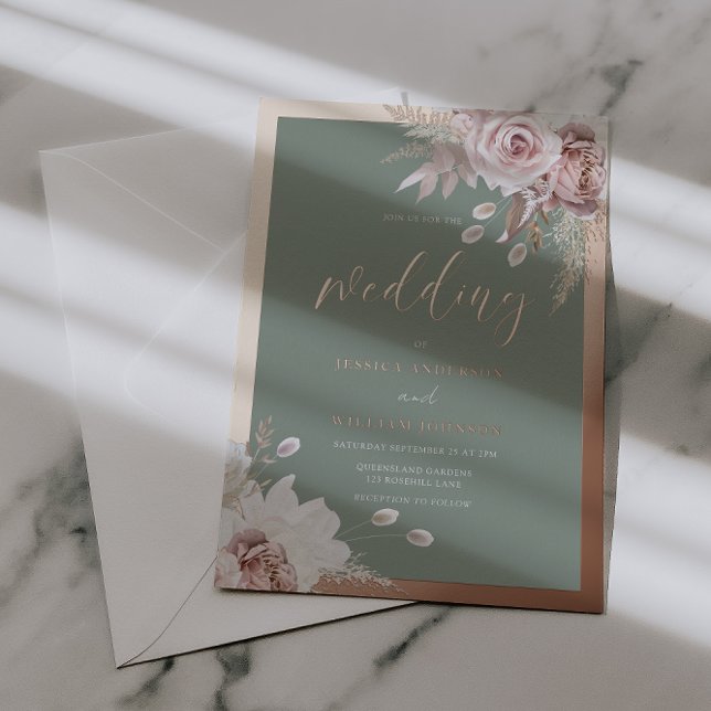 Rose Gold Foil Border Blush & Sage Floral Wedding  Folieneinladung (Von Creator hochgeladen)