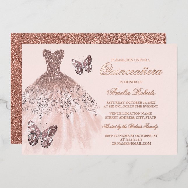 ROSE GOLD FOIL Butterfly Dress Quinceanera Folieneinladung (Vorderseite/Rückseite)