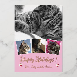 Rose Gold Foil Cat Fotolage Rosa Urlaubskarte Folien Feiertagskarte