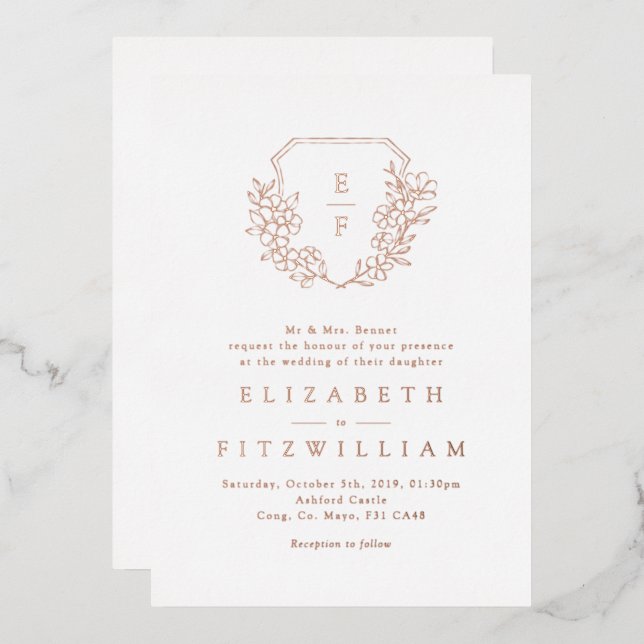 Rose Gold Foil Cherry Blossom Bloom Monogram Wappe Folieneinladung (Vorderseite/Rückseite)