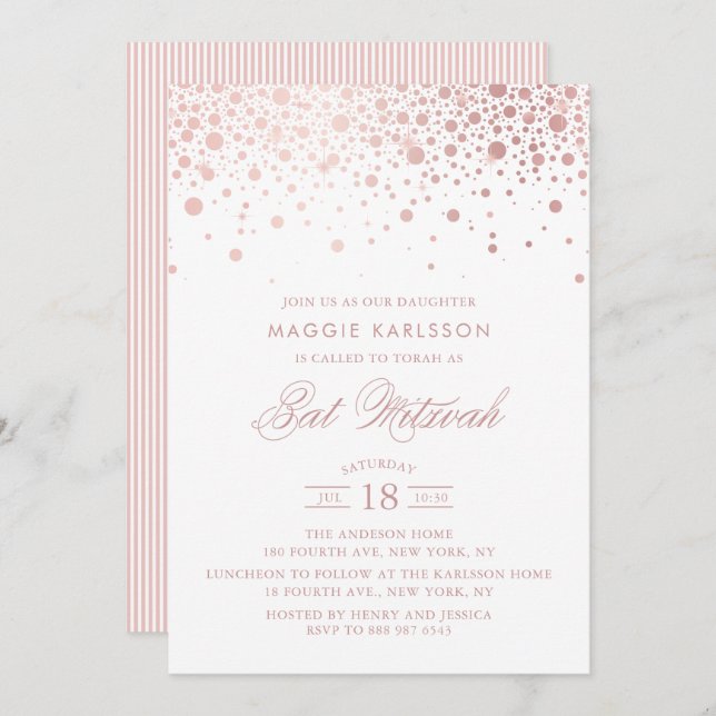 Rose Gold Foil Confetti Bat Mitzvah Einladung (Vorne/Hinten)