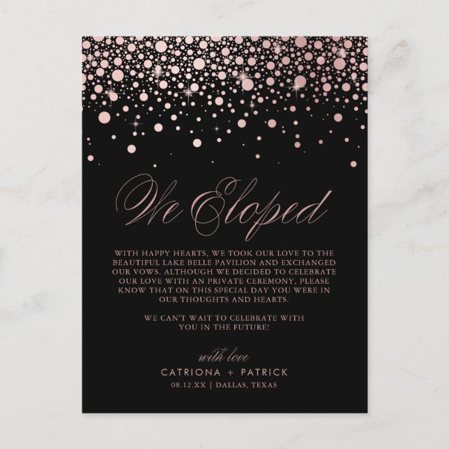 Rose Gold Foil Confetti Black Wedding Ankündigungspostkarte (Vorderseite)