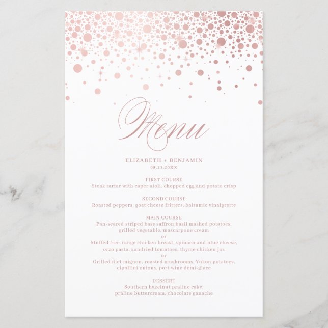 Rose Gold Foil Confetti Dots Wedding Menu Card (Vorderseite)