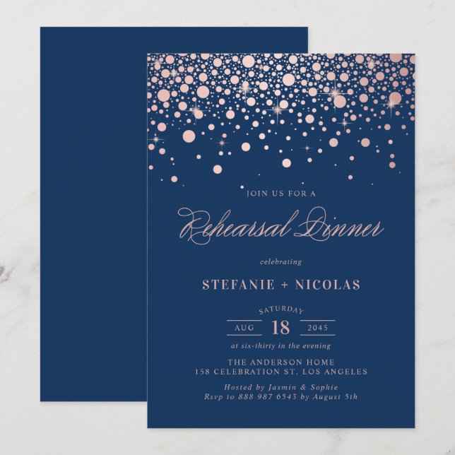Rose Gold Foil Confetti Navy Blue Probe Abendessen Einladung (Vorne/Hinten)