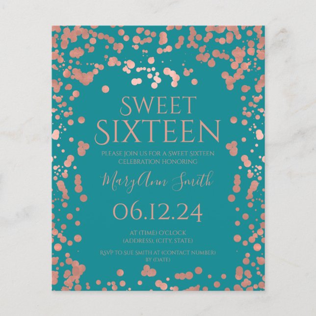 Rose Gold Foil Confetti Sweet 16 Aquamarin Flyer (Vorne)