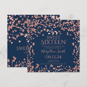 Rose Gold Foil Confetti Sweet 16. Invite Navy Dankeskarte