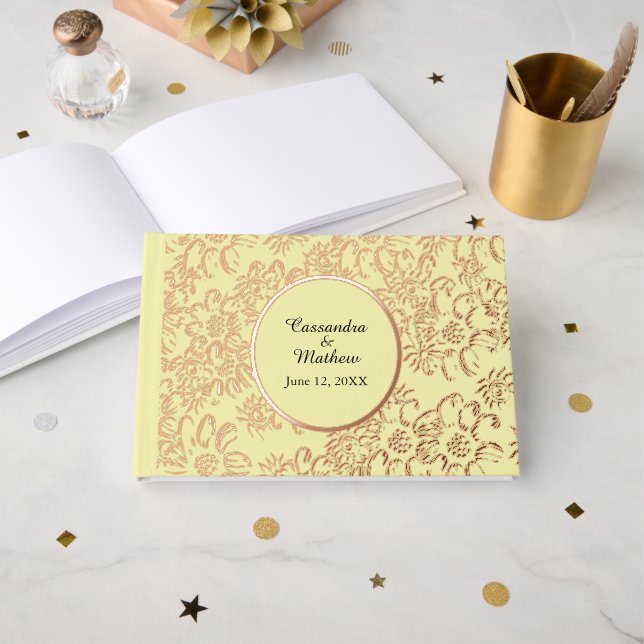 Rose Gold Foil Daisies Blumengelbe Hochzeit Gästebuch (Vorderseite Offen)
