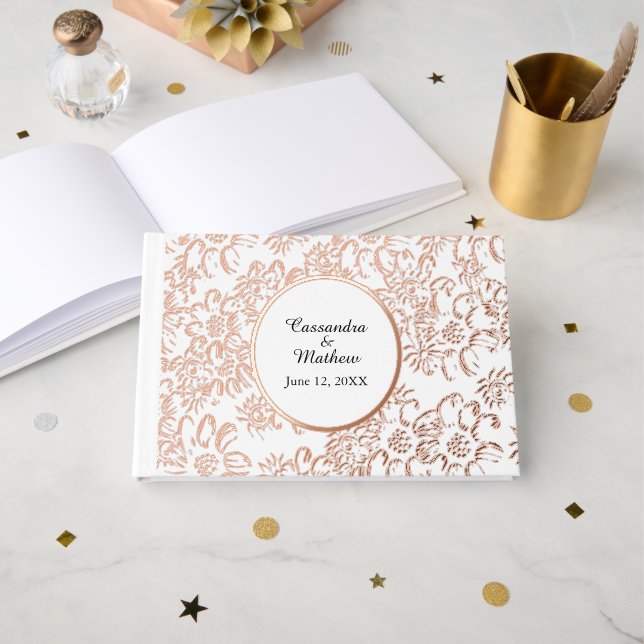 Rose Gold Foil Daisies Blumenweiße Hochzeit Gästebuch (Vorderseite Offen)