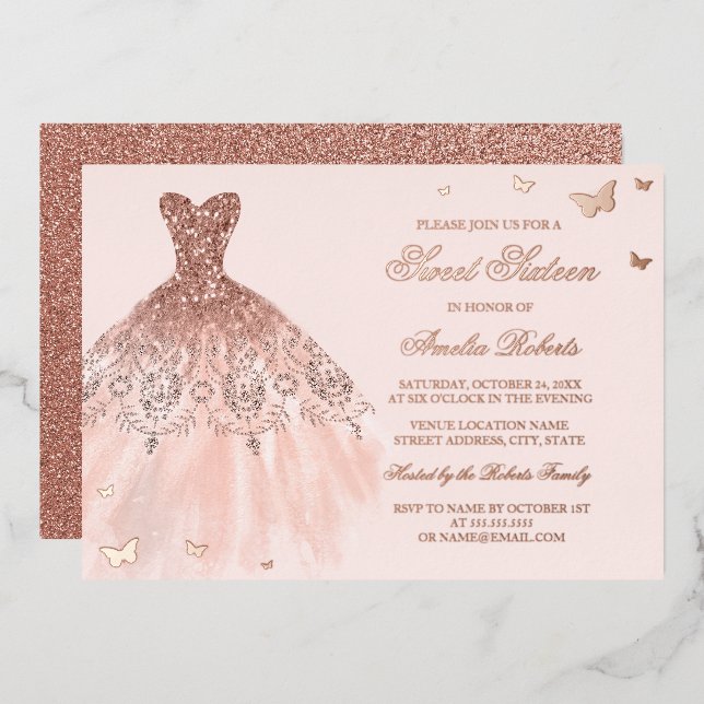 ROSE GOLD FOIL Dress Butterfly 16 . Geburtstag Folieneinladung (Vorderseite/Rückseite)