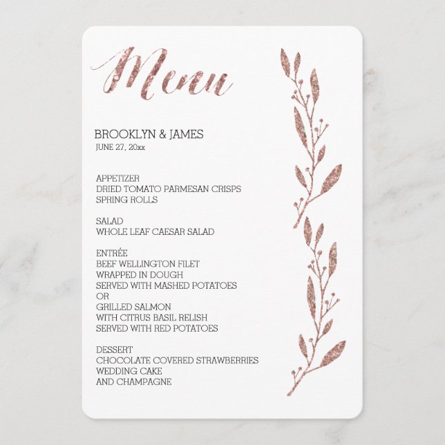 Rose Gold Foil Effekt Hochzeitsmenü Blumenkohl Menükarte (Vorderseite)