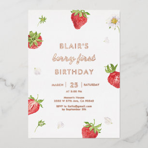 Rose Gold Foil Erdbeere Berry Erster Geburtstag Folieneinladung