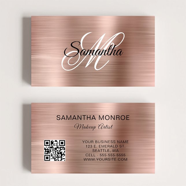 Rose Gold Foil Fancy Monogram QR Code Visitenkarte (Rose Gold Foil Fancy Monogram QR Code Business Card)