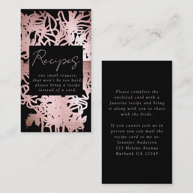 Rose Gold Foil Floral Brautparty Rezept Begleitkarte (Vorne/Hinten)