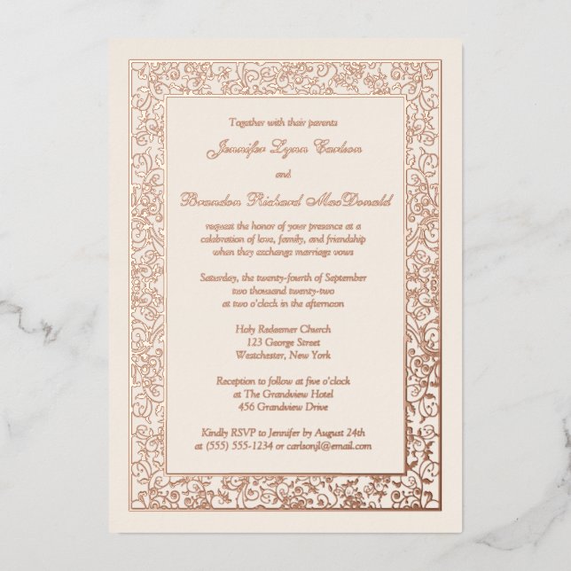 Rose Gold Foil Floral Filigree Hochzeit Einladung (Vorderseite)