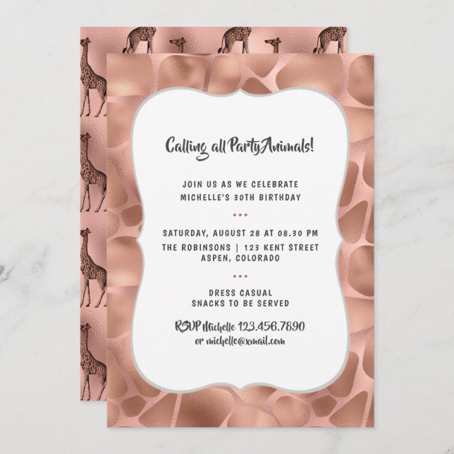 Rose Gold Foil Giraffe jedes Alter Geburtstag Einladung (Vorne/Hinten)