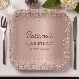 Rose Gold Foil Glitter 80th Birthday Name Pappteller