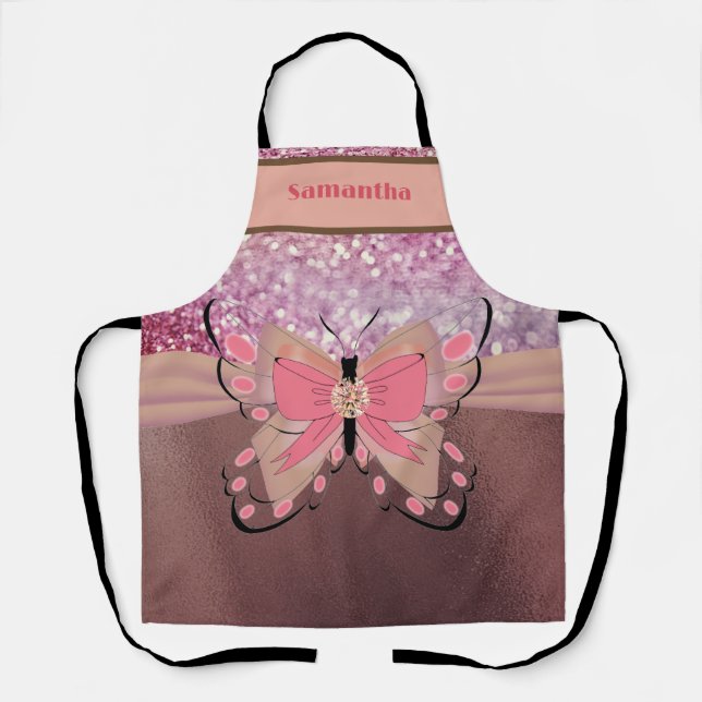 Rose Gold Foil Glittery Butterfly Bow Mädchenname Schürze (Vorderseite)