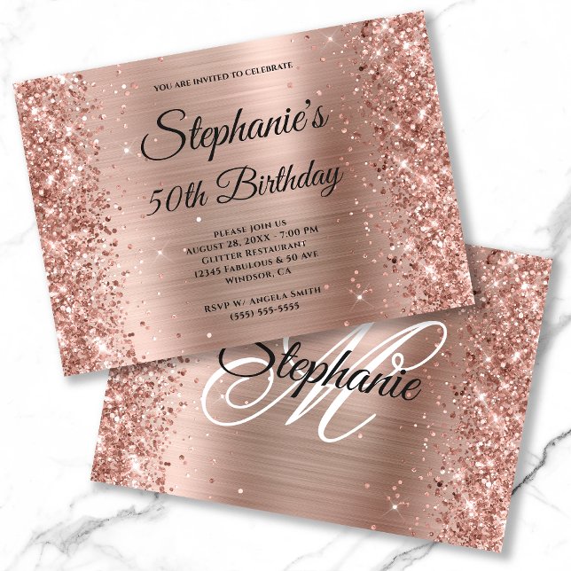 Rose Gold Foil Glitzer Extravagant Monogram Geburt Einladung (Von Creator hochgeladen)