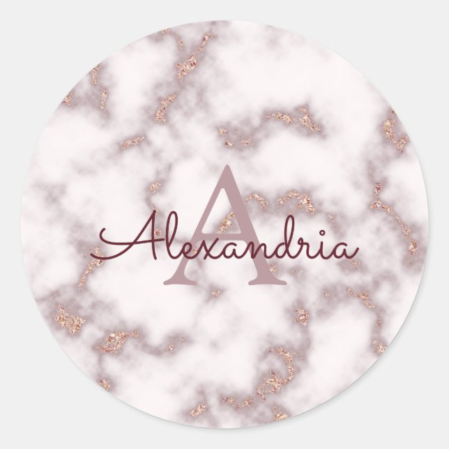 Rose Gold Foil Glitzer Rosa Marmorname Monogramm Runder Aufkleber (Vorderseite)