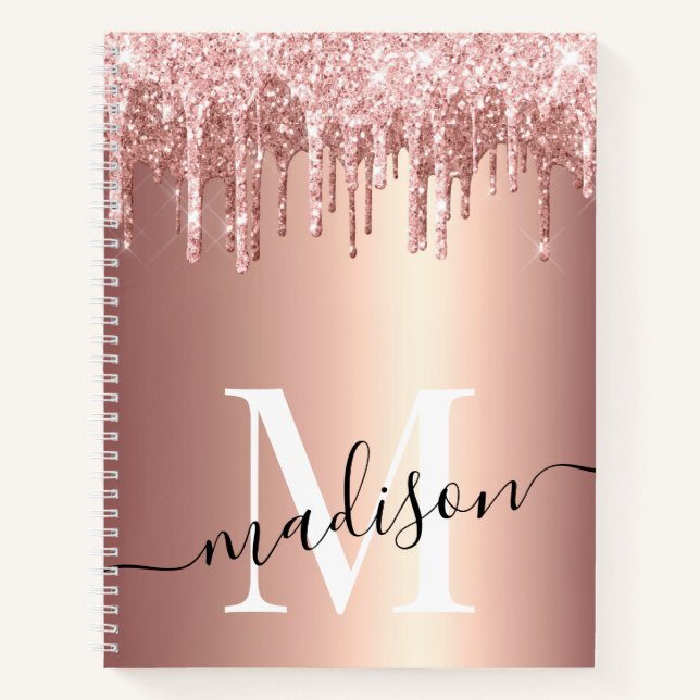 Rose Gold Foil Glitzer Tropfen Monogram Script Notizbuch (Vorderseite)