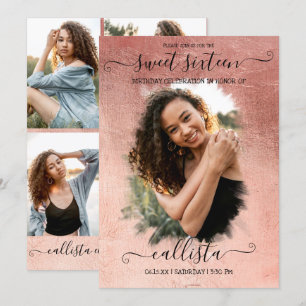 Rose Gold Foil Halo Foto Collage Sweet 16 Einladung
