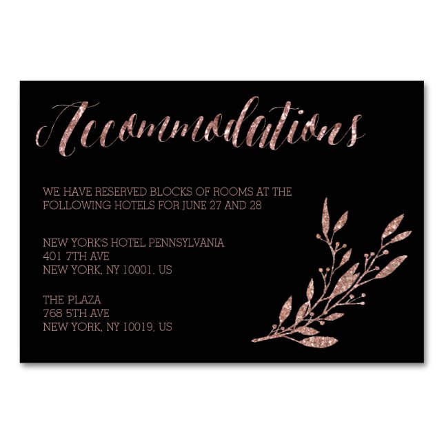 Rose Gold Foil Hochzeitsunterkunft Floral Black Tischnummer (Vorderseite)