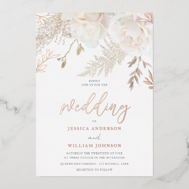 Rose Gold Foil Ivory White Floral Wedding Folieneinladung (Vorderseite)