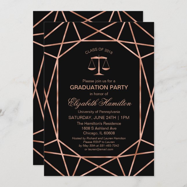 Rose Gold Foil Law School Graduation Party Einladung (Vorne/Hinten)