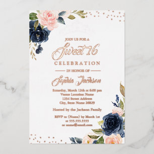 ROSE GOLD FOIL Navy Blush Floral Tiara Sweet 16 Folieneinladung